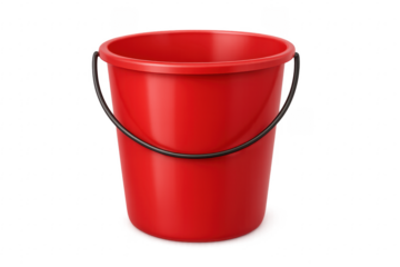 Red plastic bucket with black handle on transparent background
