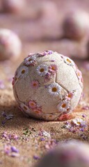 Obraz premium A soccer ball adorned with small, pastel-colored flowers sits in light beige sand. Soft focus on the ball, with other, similar balls subtly visible in the background