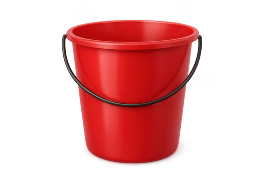 Red plastic bucket with black handle on transparent background