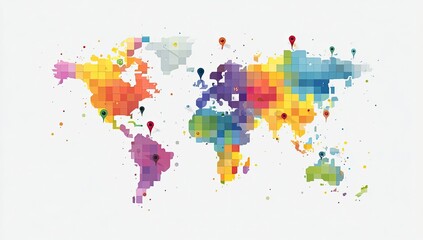 Fototapeta premium Colorful pixelated world map with scattered pinpoints