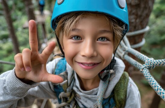 The boy is wearing a blue helmet and safety gear, holding the rope while walking along an adventure park climbing tree with a zipline course in the summer.