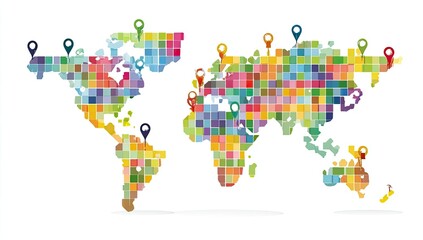 World map with colorful segmented countries and location markers