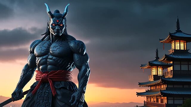 God Odin with glowing eyes and lightning in the background.