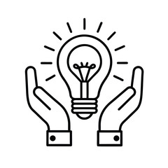 Two Hands Gently Protecting a Bright Idea:  Modern Line Art Illustration