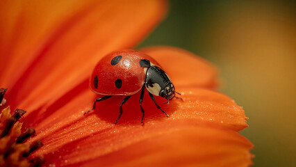 Obraz premium Ladybug Resting on Bright Orange Flower Petals Macro Photography Nature and Springtime Beauty