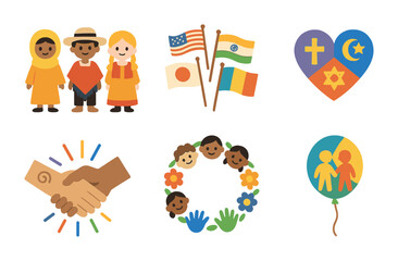 Celebrating Beliefs Diversity. Flat vector mini-illustrations Celebrating diversity of beliefs in colors