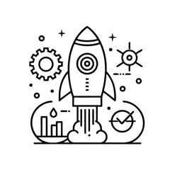 Startup Rocket Launch:  Modern Line Art Graphic, Business Growth Concept, Innovation and Success.