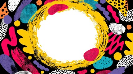 Horizontal 90s Memphis style backdrop with geometric shapes and empty text area – eye-catching layout for social content, vintage visual language, popular in youth-centric branding