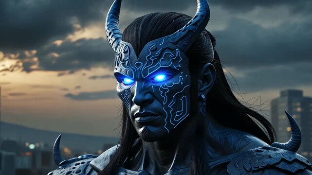 God Odin with glowing eyes and lightning in the background.