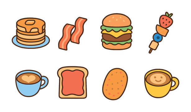 Joyful Brunch Icons. Flat vector mini-illustrations Weekend brunch joy in colors children's illustrations: