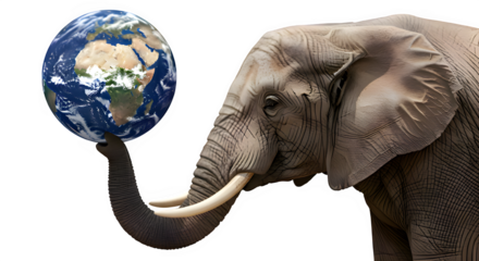 Majestic elephant carefully balancing planet Earth on its trunk, a powerful symbol of global conservation and environmental responsibility.