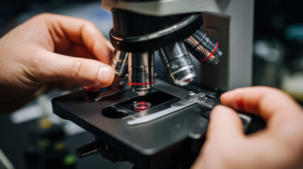 Hands adjusting microscope knobs
