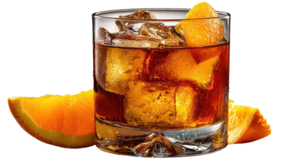 Dark amber cocktail with ice and orange