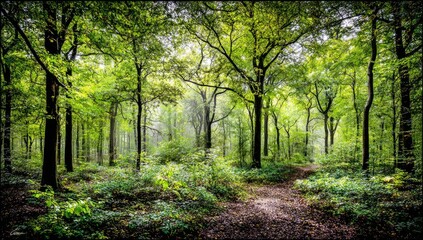 Lush forest path in dappled sunlight