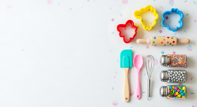 Baking tools and colorful sprinkles arranged neatly on a white surface with confetti.
