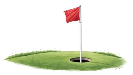 Red flag on a golf course marking the hole on a green
