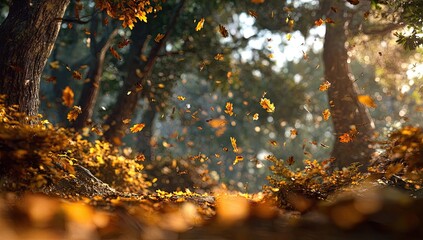Autumn leaves swirling in a sunlit forest