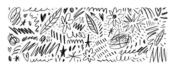 Crayon drawn scribbles, flowers and short pencil strokes. Childish drawings.