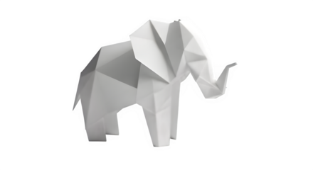 Geometric low poly papercraft elephant sculpture. A modern origami animal art piece isolated on a white background.
