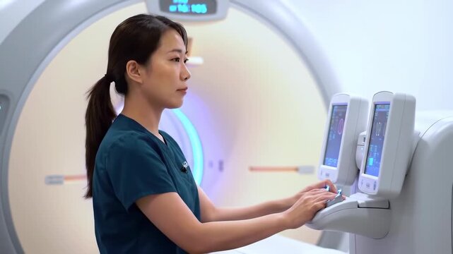 Radiology technologist operating medical scanner controls. Medical imaging concept.