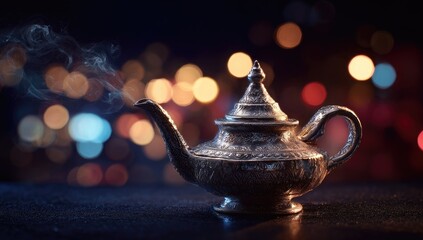 Antique, metallic genie lamp, emitting smoke, in a dark, blurred background of colorful lights