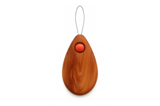 Wooden drop-shaped key fob featuring red button, hanging on string against transparent backdrop, 3d rendered