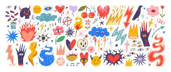 Crayon drawn funky punk or rock stickers. Whimsical girly illustration, teen style icons. Burning and melting hearts, playful shapes with eyes, lightning, fire. Modern punk tattoo, funky shapes.
