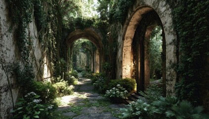 Obraz premium Sun-drenched overgrown ruins. A pathway winds through decaying arches, draped in greenery