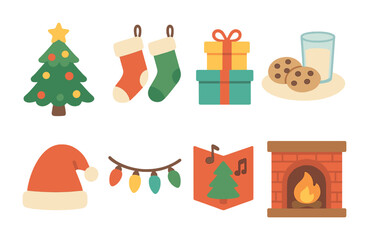 Christmas Home Icons. Flat vector mini-illustrations Christmas at home with family in colors children's