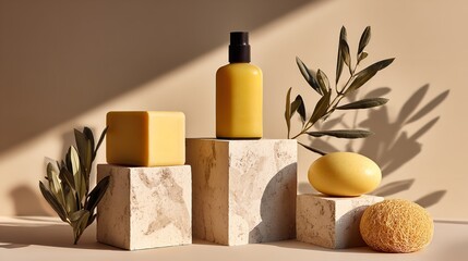 Minimalist composition of yellow soaps, shampoo bottles, and natural sponges on marble pedestals with olive leaf shadows, against a light beige background for product presentation, Generative AI.