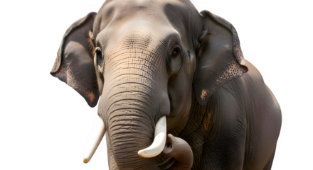 Portrait of a majestic Asian elephant looking forward. Close-up of a large mammal with ivory tusks isolated on a white background.