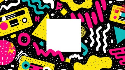 Horizontal 90s Memphis style backdrop with geometric shapes and empty text area – eye-catching layout for social content, vintage visual language, popular in youth-centric branding
