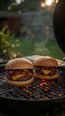 Two gourmet cheeseburgers with caramelized onions sizzling on a hot charcoal grill perfect for a backyard BBQ.
