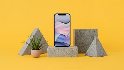 Modern smartphone display with geometric shapes and plant against a vibrant yellow background for product photography or minimalistic design concepts