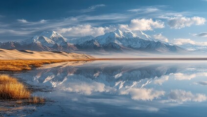 Obraz premium Serene alpine lake reflecting majestic peaks
