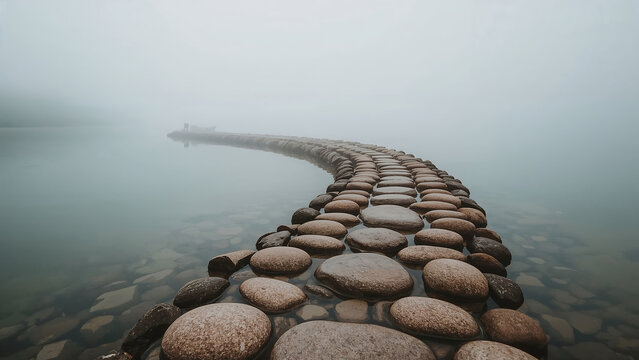 Mystical stone path disappearing into the misty lake landscape of peaceful reflection and ethereal atmosphere for calming nature scenes