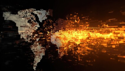 A digital world map, partly obscured by a fiery, data-like explosion