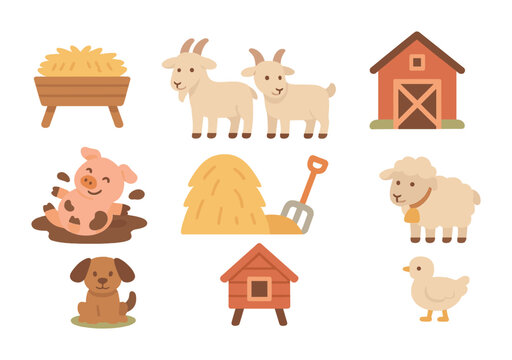 Farm Animal Icons. Flat vector mini-illustrations Animal care on a small farm in colors children's