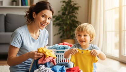 mother and her son sorting out washed dry laundry