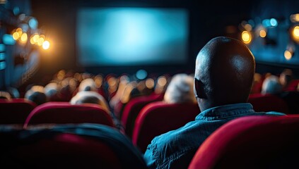 Bald man watches movie in theater