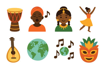 Fototapeta premium Multicultural Music Icons. Flat vector mini-illustrations Multicultural vocal arts in performance in colors