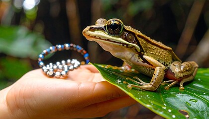 A frog resting on a leaf held in a hand. A beaded bracelet is near the frog