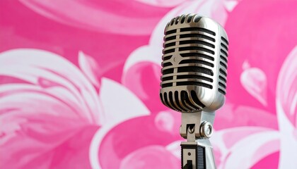Retro microphone against a pink floral backdrop