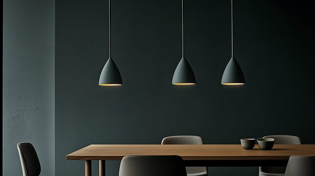 143. Modern minimalist dining room with wooden table, sleek chairs, and pendant lighting