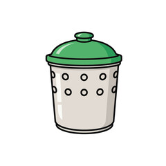 Cartoon illustration of a light gray storage container with a green lid and polka dots.