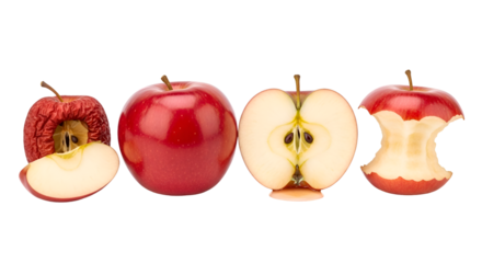 Red Apples Display Different Stages of Life, from Fresh to Rotten, on Transparent Background