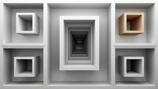Geometric, recessed squares in a perspective