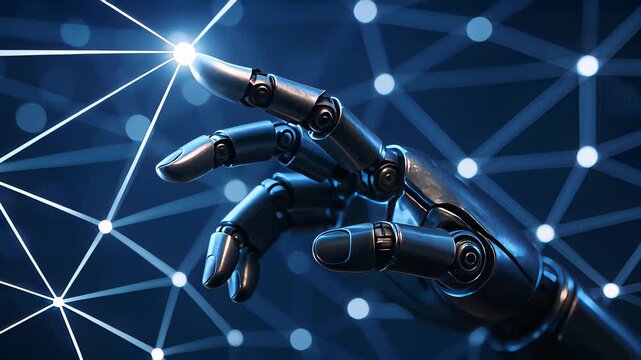 Robotic Hand Reaches for Glowing Light in a High-Tech Environment Exploring the Intersection of Technology and Innovation