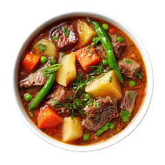 Bowl of Hearty Beef Stew with Vegetables and Thick Broth on Transparent Background

