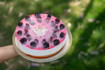 Whole Frozen Berry Cheesecake with Pink Glaze and White Chocolate Shavings